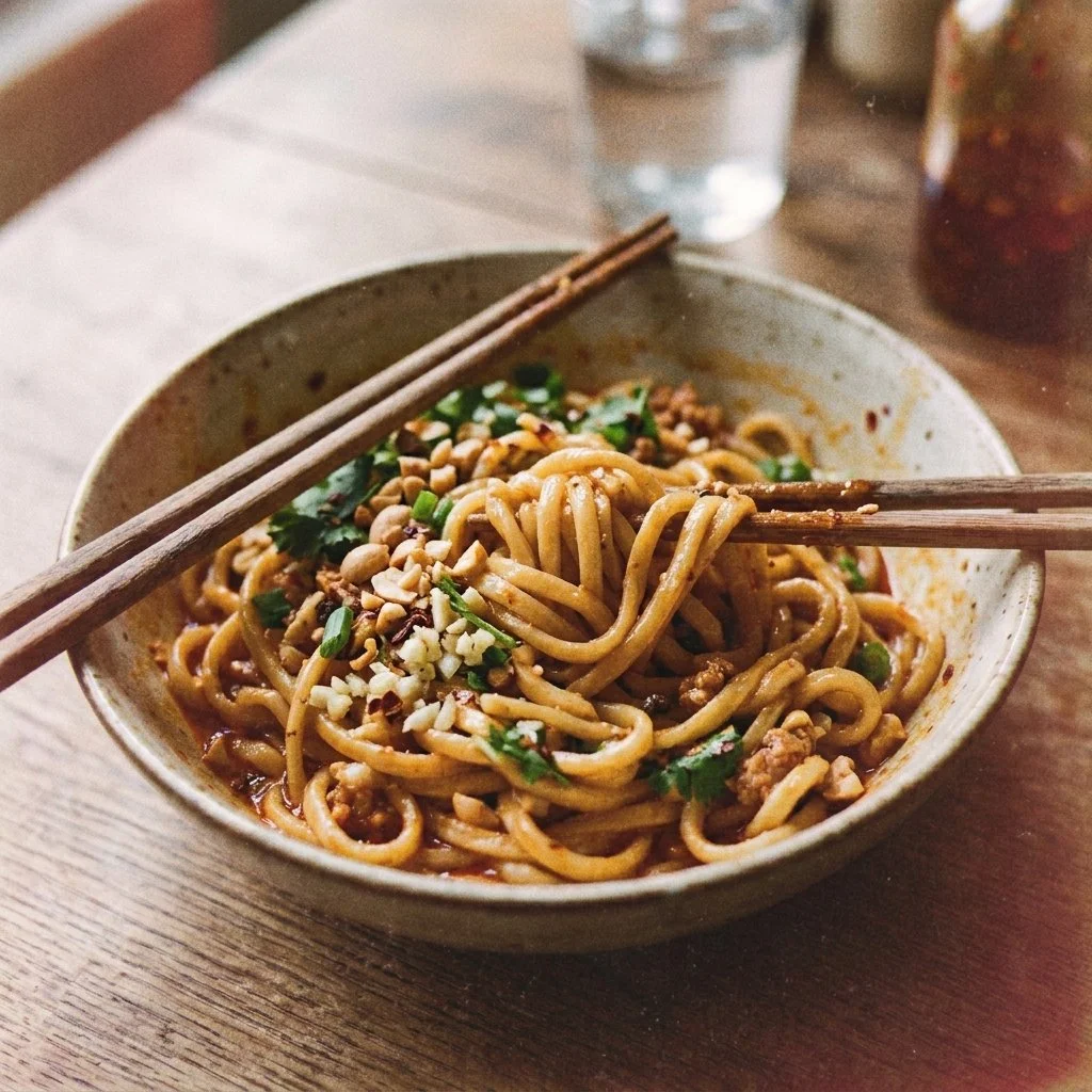 Plate of Peanut Chilli Oil Noodles garnished with fresh herbs and chilies