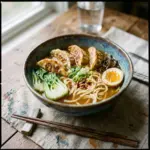 Delicious potsticker noodle bowl with fresh ingredients and savory broth