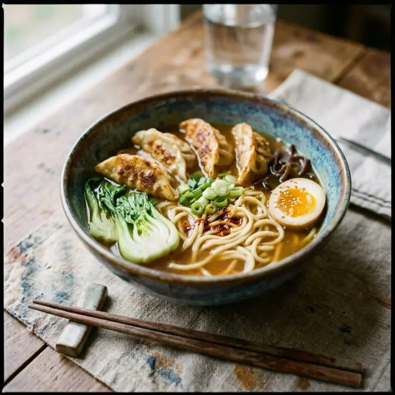 Delicious potsticker noodle bowl with fresh ingredients and savory broth