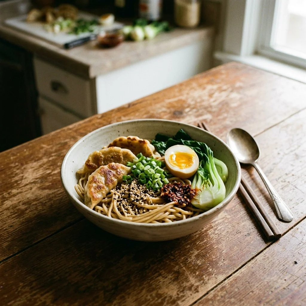Delicious potsticker noodle bowls with fresh veggies and savory broth