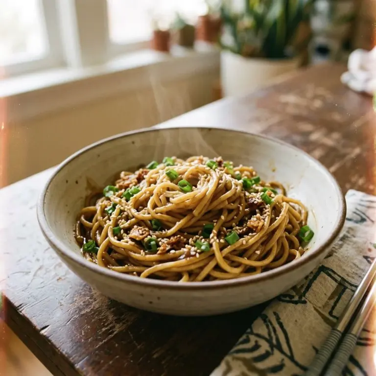 Plate of Sesame Garlic Noodles drizzled with sesame oil and garlic sauce