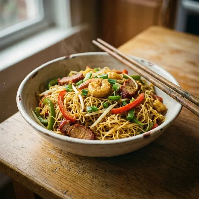 Delicious Singapore Noodles with shrimp and colorful vegetables in a bowl