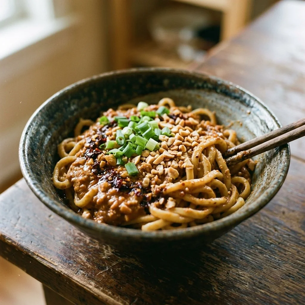 Delicious spicy peanut butter noodles served with fresh vegetables