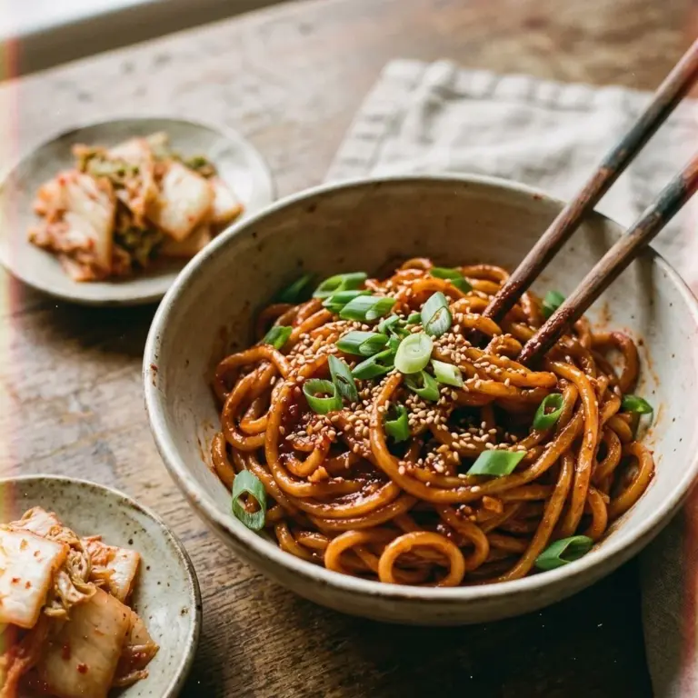 Bowl of sweet and spicy Korean Gochujang noodles garnished with vegetables.