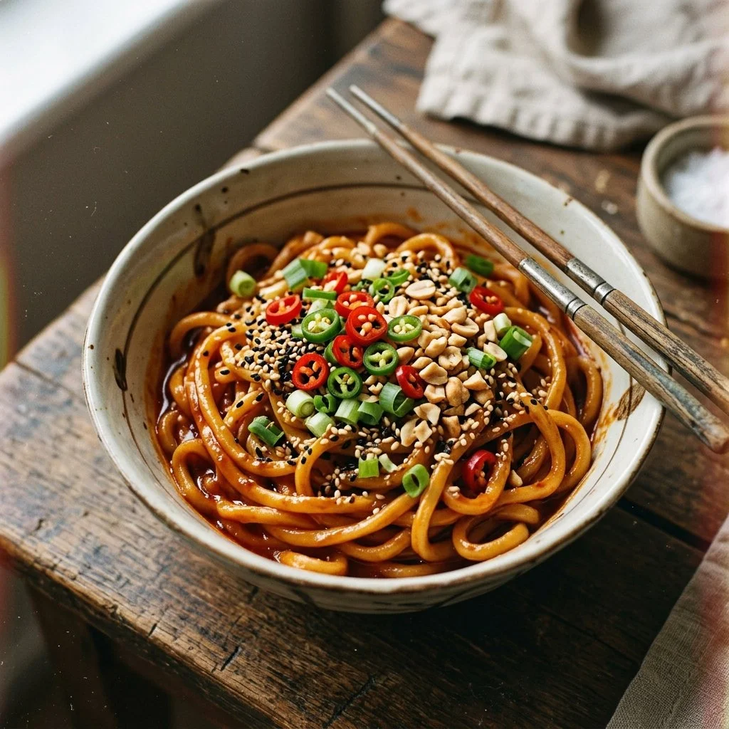 Plate of sweet and spicy noodles garnished with herbs