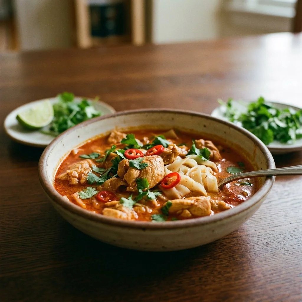 Bowl of Thai Red Curry Noodles with vibrant veggies and creamy sauce