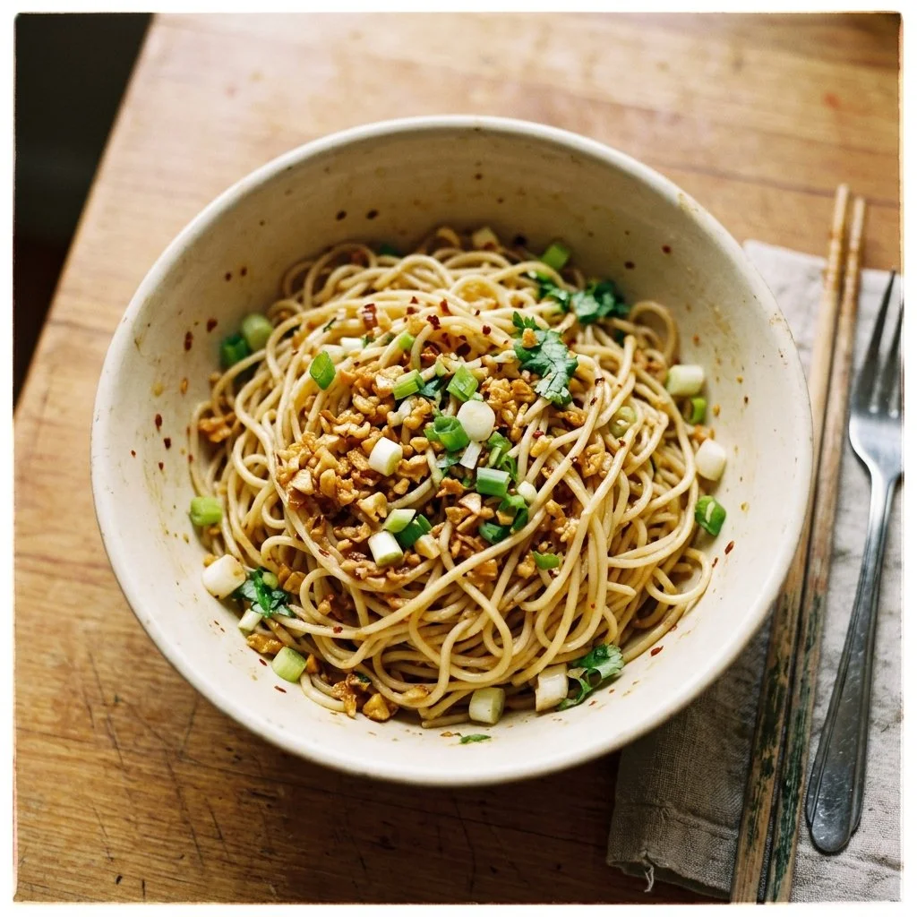 Delicious Vietnamese garlic noodles in a bowl, garnished with herbs.